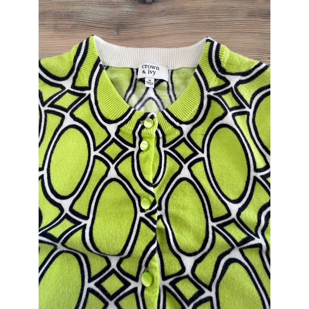 Crown & Ivy Cardigan Sweater Womens M Lime Green Print Lightweight - Picture 7 of 7
